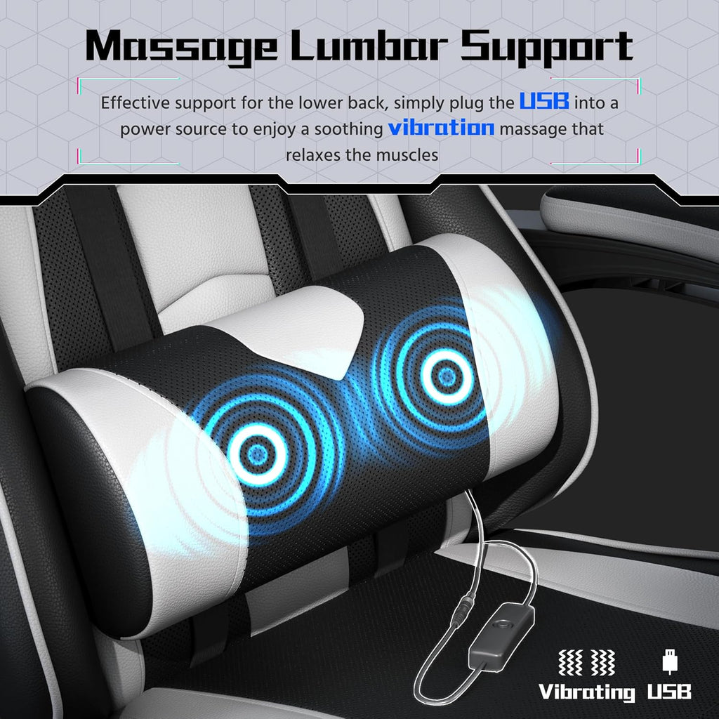 Gaming Chair with Footrest Massage Lumbar Pillow Black and White | Foam-padded PU leather racing seat and plush