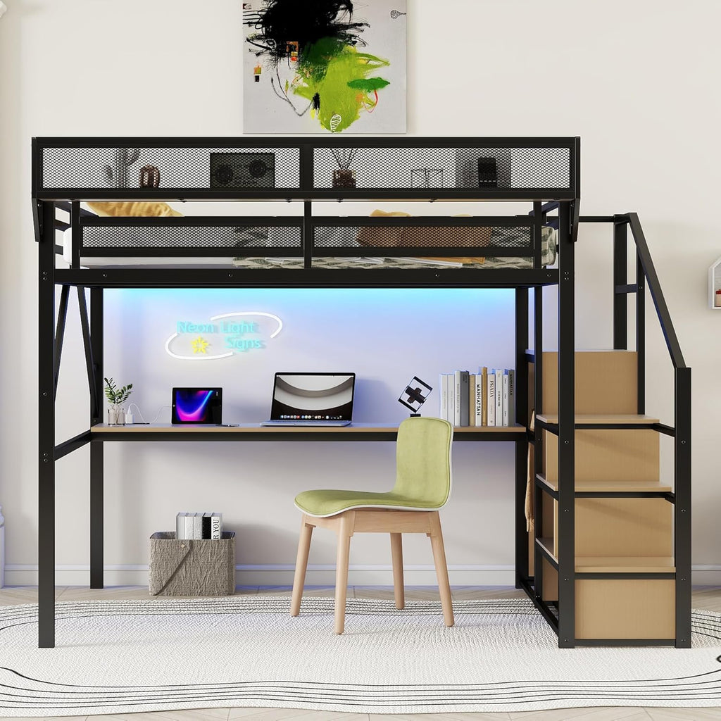 Queen Metal Loft Bed Frame with Desk, Staircase, Built-in Storage Shelves and Wardrobe