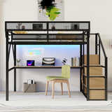 Queen Metal Loft Bed Frame with Desk, Staircase, Built-in Storage Shelves and Wardrobe