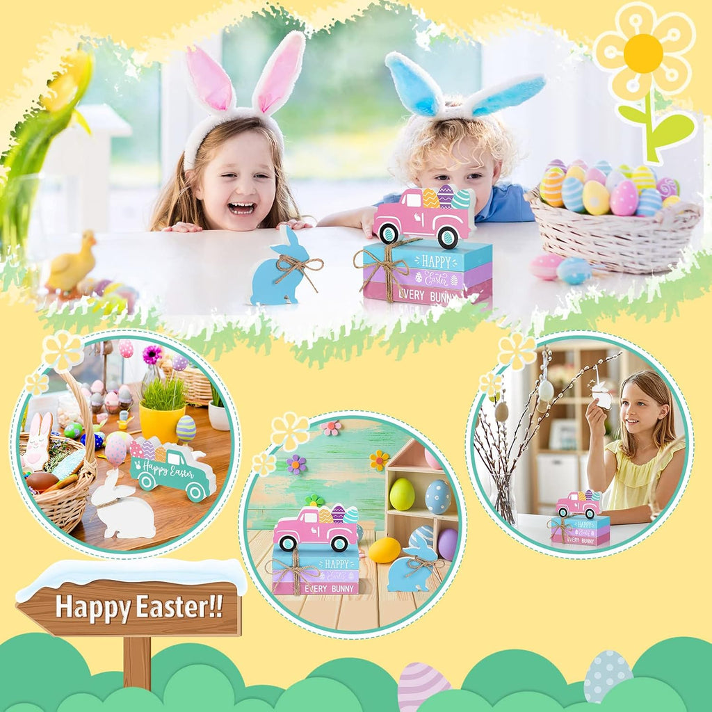 Easter Tiered Tray Decor Happy Easter Table Decorations Farmhouse Wooden Bunny Egg Truck Sign 3 Faux Books - Set of 5