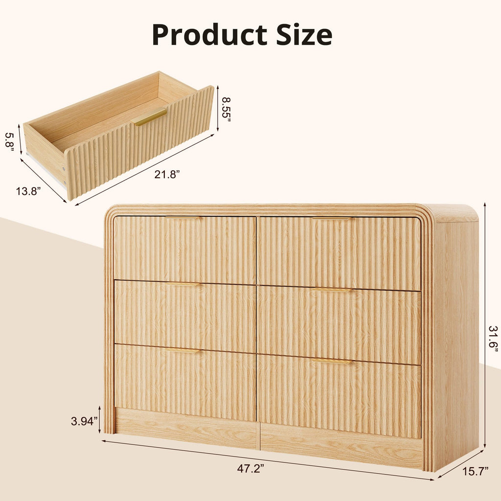 Fluted 6-Drawer Dresser Modern Wood Chest Organizer with Anti-Tip