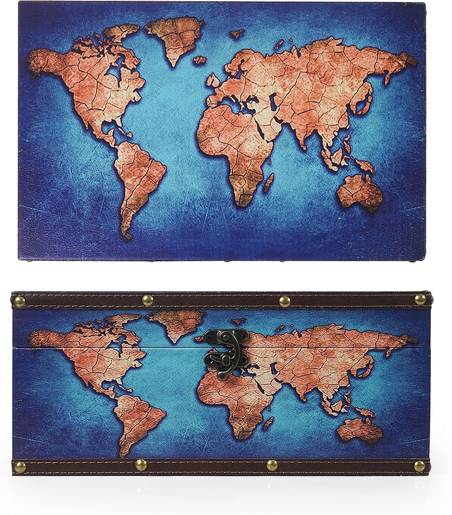 Small Wooden Organizer Storage Box, 11''L Decorative Blue Map