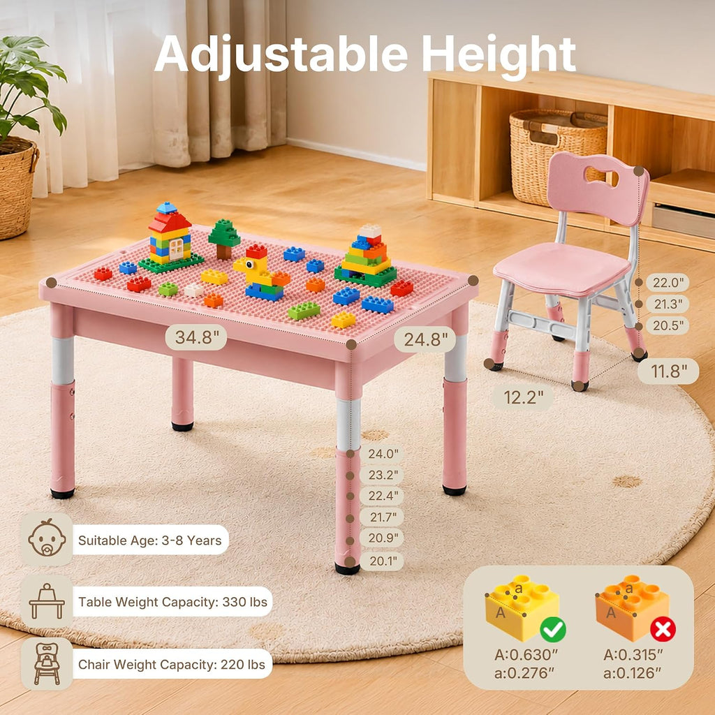 In-1 Kids Table and 2 Chairs Set, Reversible Tabletop, Pink