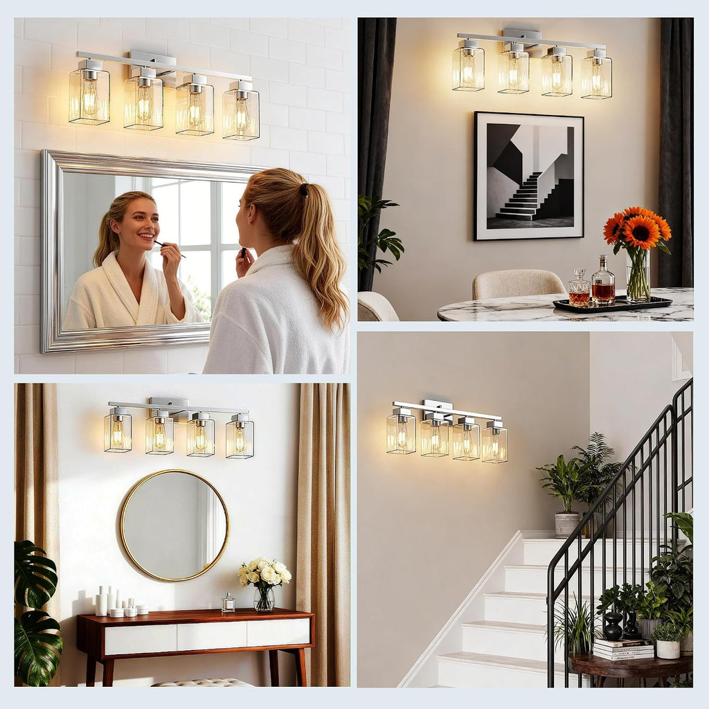 4-Light Bathroom Light Fixtures, Brushed Nickel Modern Vanity Lights, Bathroom Lighting Fixtures Over Mirror, Square