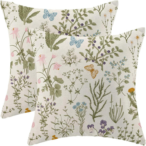 Spring Pillow Covers 18x18 Inch Set of 2,Sage Green Wild Flower Plant Throw Pillows Case,Seasonal Floral Outdoor