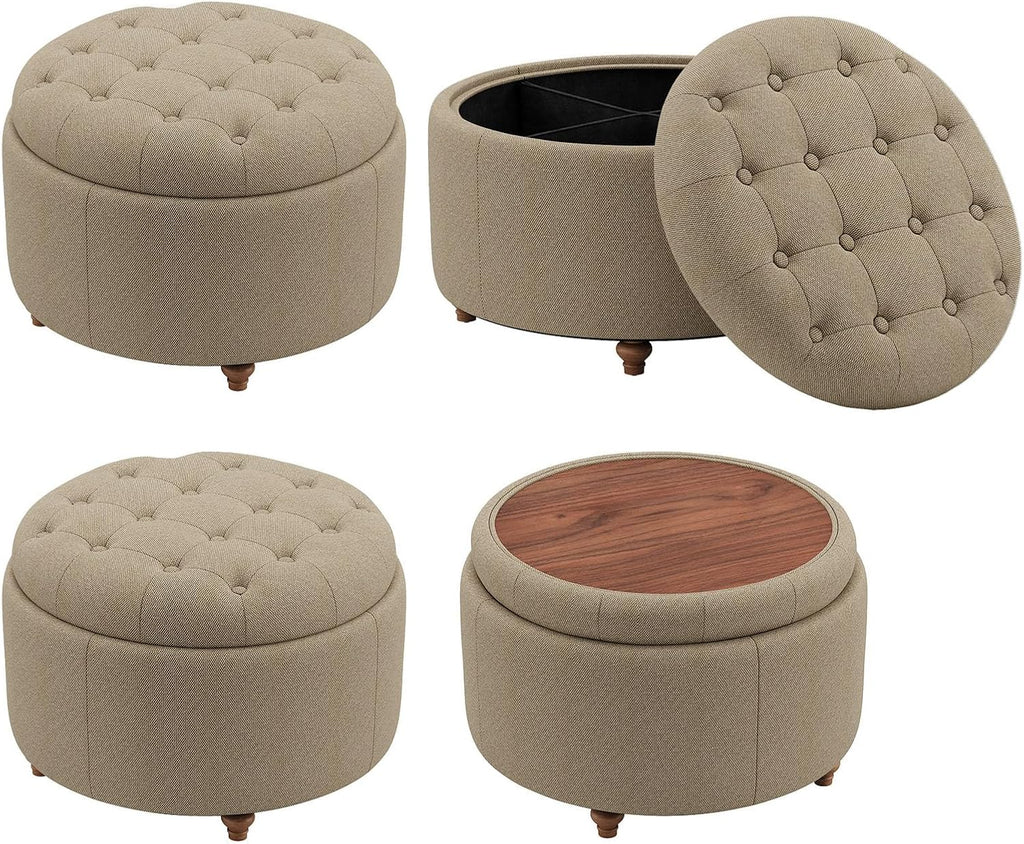 25" Round Ottoman with Storage, Small Coffee Table with Reversible Tray Lid | Tufted Fabric Round Storage Ottoman
