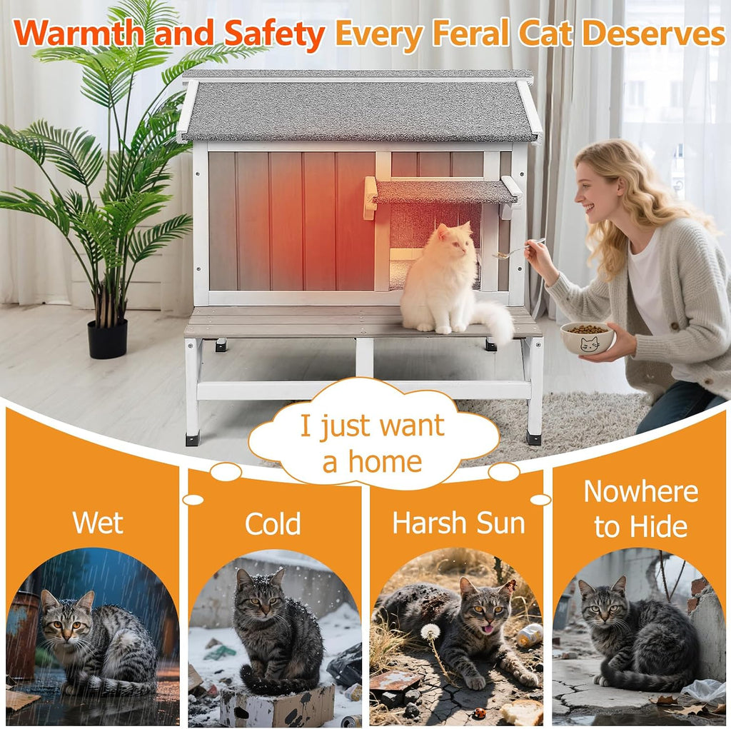 Insulated Outdoor Cat House with Balcony, Raised Feral Shelter