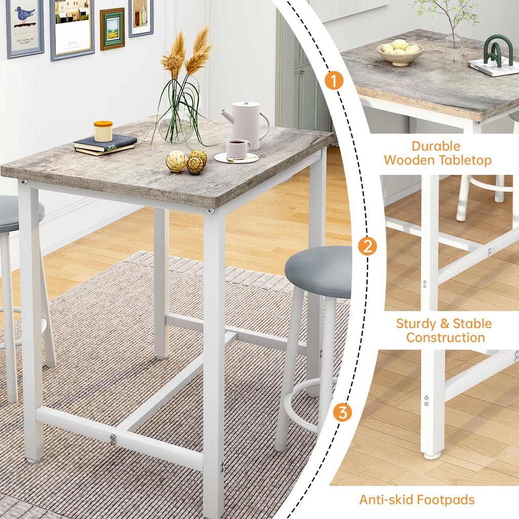 Dining Table Set for 2, 24" Square Kitchen Table and Chairs Set with MDF Tabletop & 2 PU Leather Chairs, Bar Pub