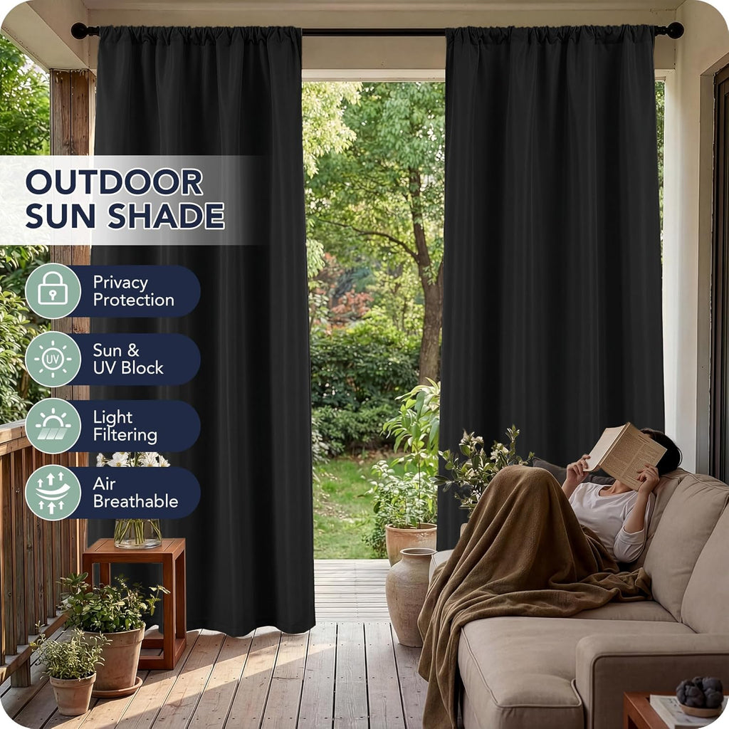 Black Outdoor Curtains Waterproof, 8 Panels, Rod Pocket | Weatherproof & Privacy Drapes, Outside Curtains for Gazebo