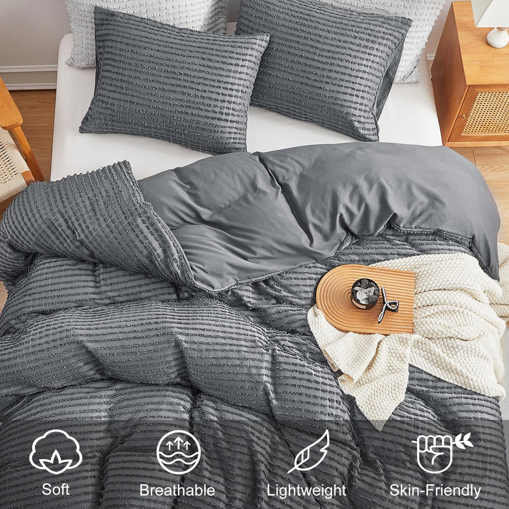 Dark Grey Boho Duvet Cover Set King Size, Tuft Texture, 3-Piece