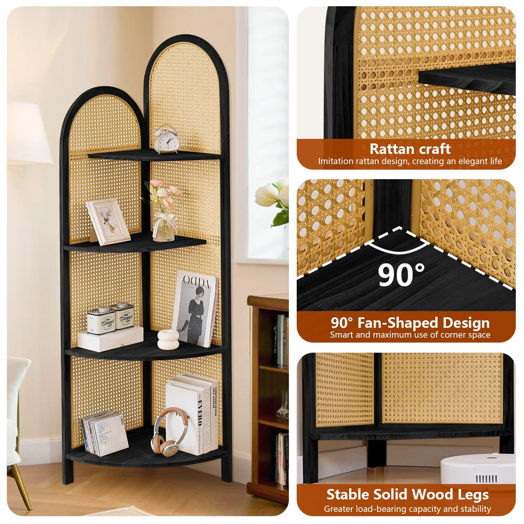 70" Arched Rattan Corner Shelf, 4-Tier 90° Corner Design, Black