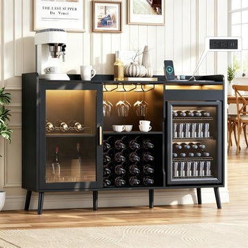 Coffee Bar Cabinet with Fridge Space, Black Wine Cabinets with Power Outlet