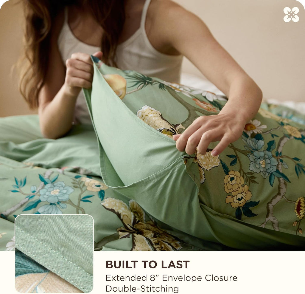 Floral Duvet Cover King - 100% Cotton Reversible Flowers and Birds Pattern Duvet Cover Set, 3 Pieces Soft &