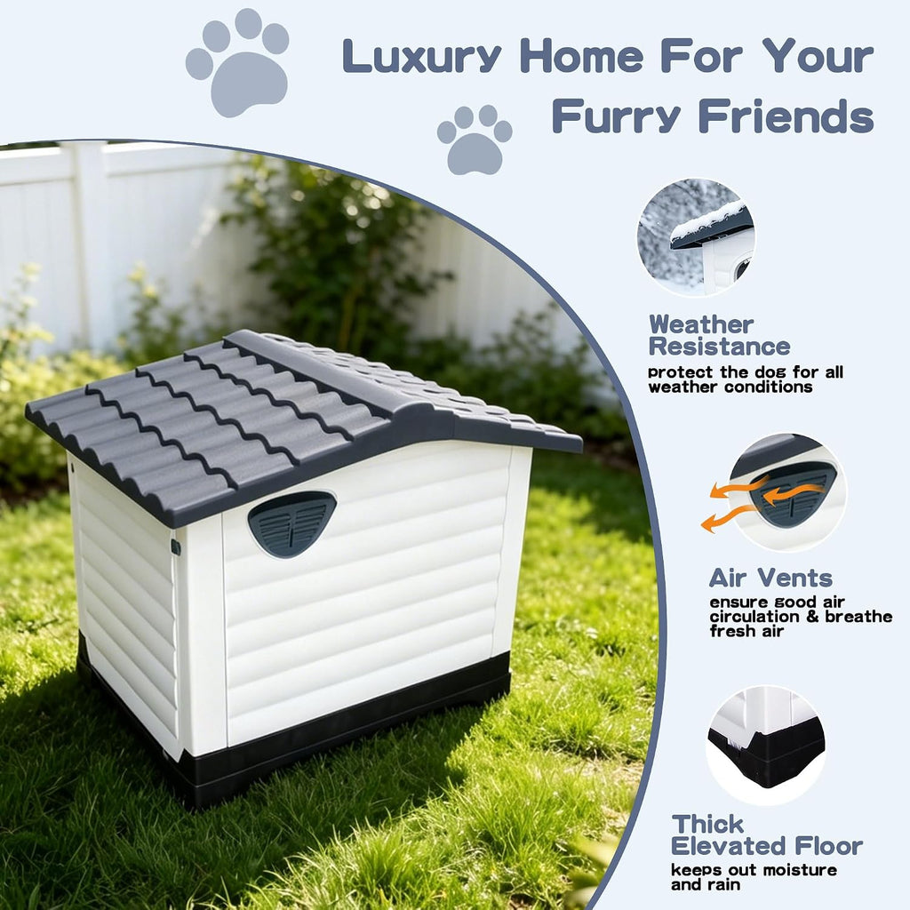 2-Door Small Dog House for Indoor and Outdoor Dog House with Fold-Out Porch Elevated Base, Waterproof Pet House