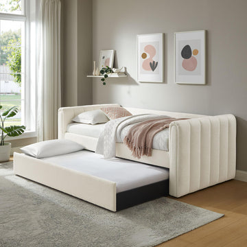 Veyla Twin Size Boucle Fabric Daybed in Cloud with Trundle - Channel Tufted Upholstered Sofa Bed with Wood Slat