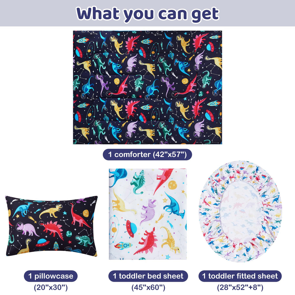 Toddler Bedding Set, Toddler Bed Comforter Sets for Girls, Toddler Bed Set, Space Dinosaur Printed