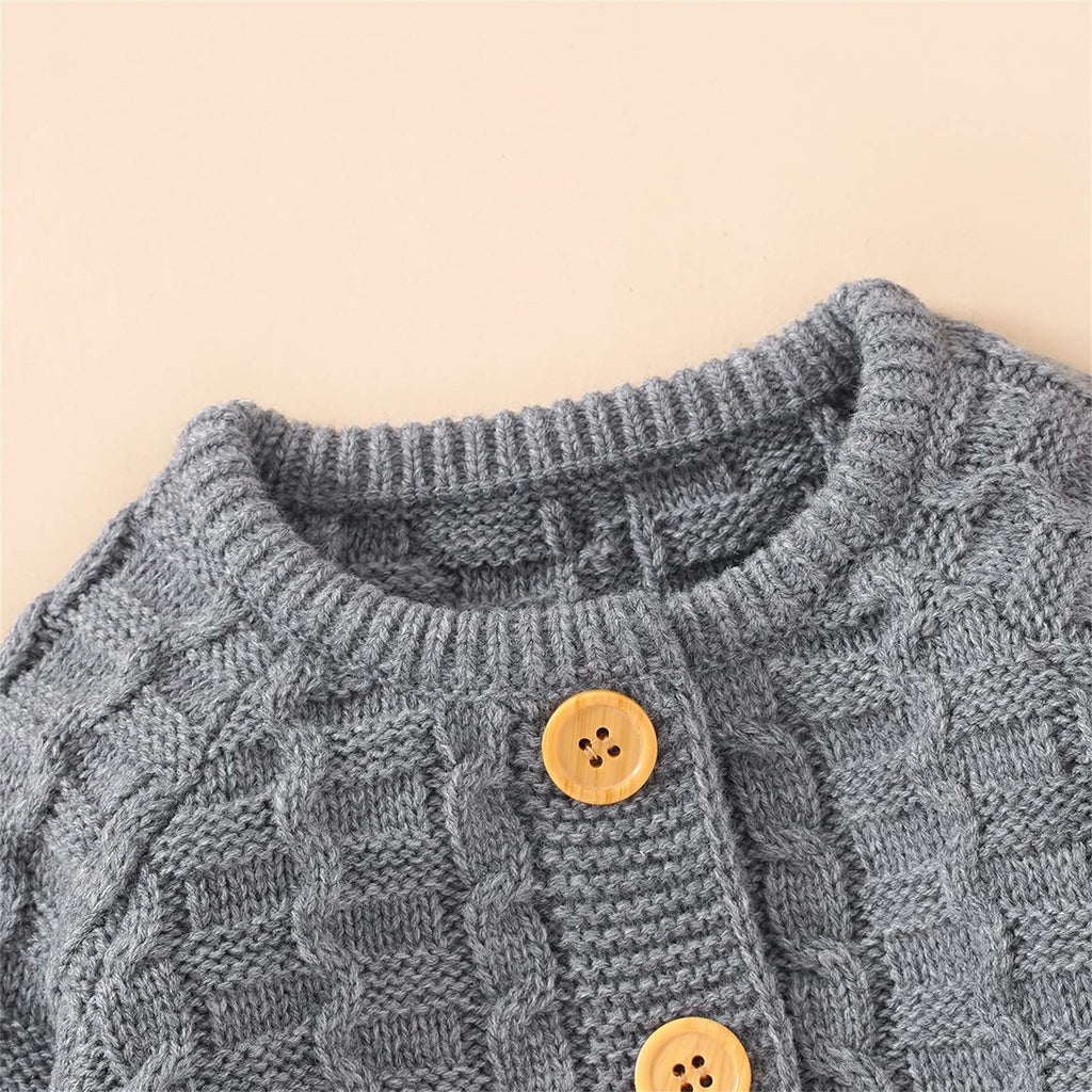 Baby Cable Knit Romper Set Front‐Button Jumpsuit with Pom‐Pom Beanie