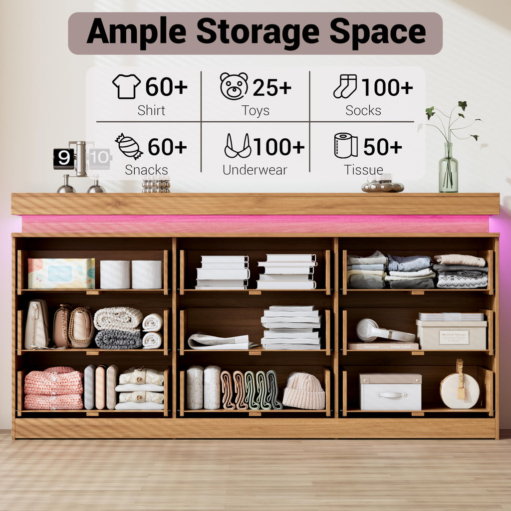 Fluted 9 Drawer Dresser with Charging Station, Walnut
