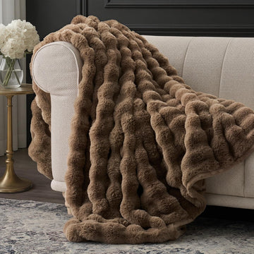 Faux Rabbit Fur Bubble Throw Blanket, 60"x80", Natural Tan | Ultra Soft, Luxury Faux Rabbit Fur Throw, Thick Warm
