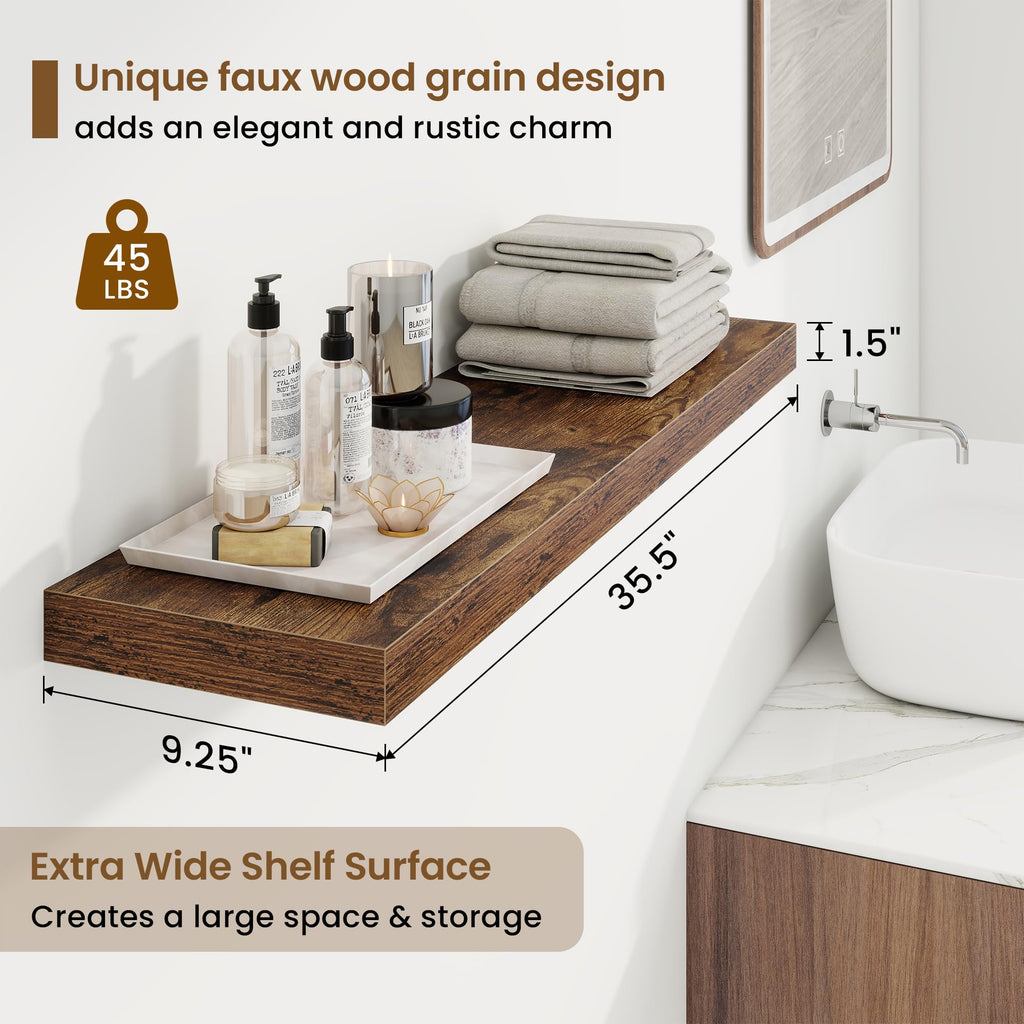 9.25in Depth 36in Floating Shelves, 36x9.25x1.4, Rustic Brown, Set of 2