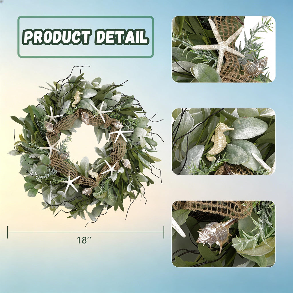 CIR OAOSES 18 Inch Green Ear Lambs Leaves Starfish Wreaths for Front Door, Rustic and Farmhouse Spring Summer