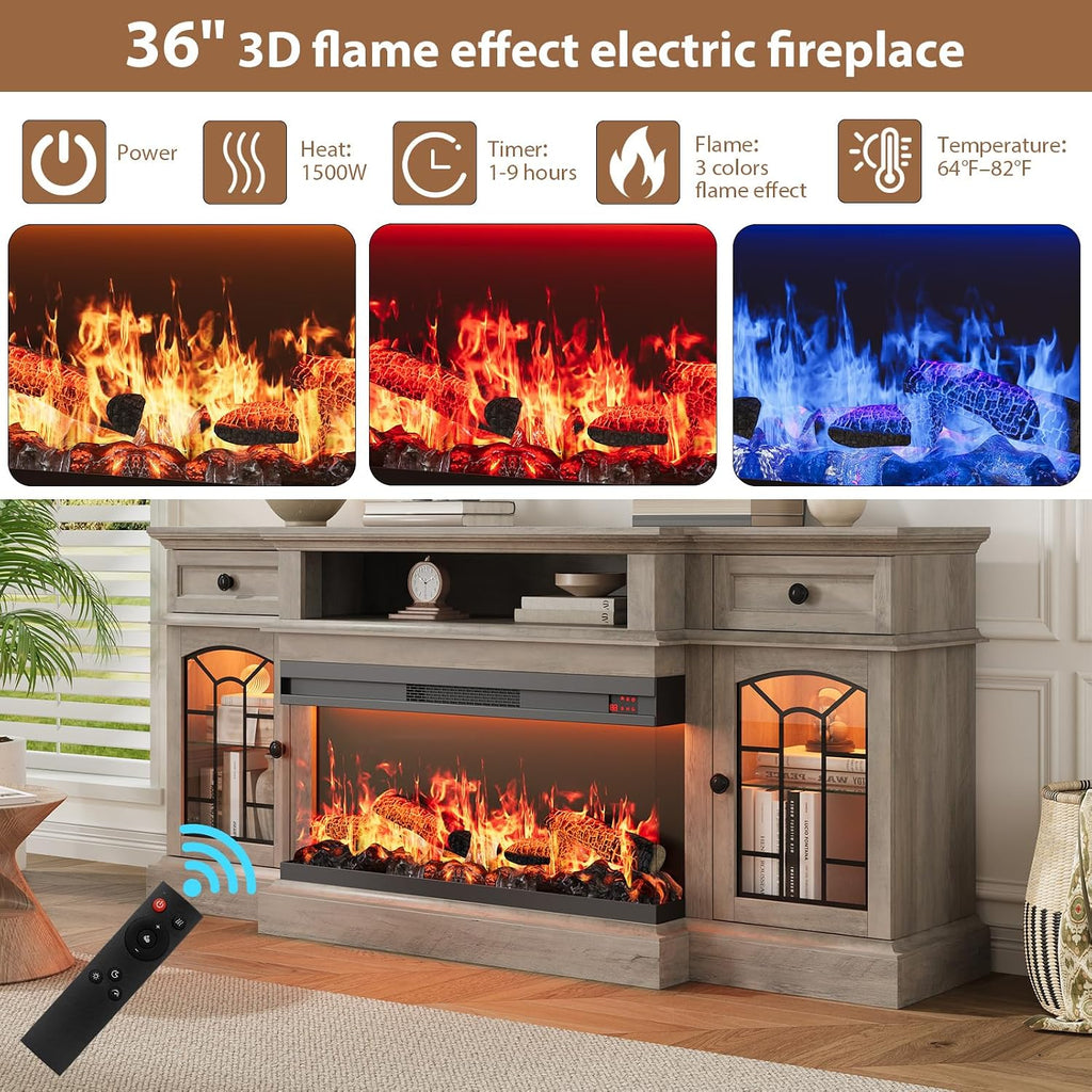 70" Farmhouse Fireplace TV Stand for TVs up to 80", Entertainment Center with 36" 3-Side Glass Electric Fireplace