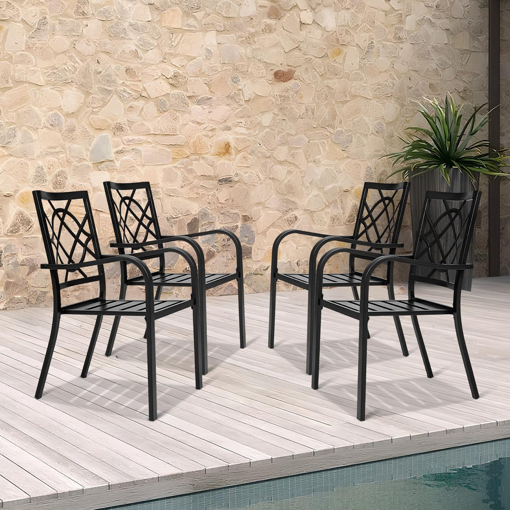 4 Pieces Wrought Iron Black Chairs 300 Lbs Outdoor Dining Chairs, Patio Metal Stackable Chair with Armrest for