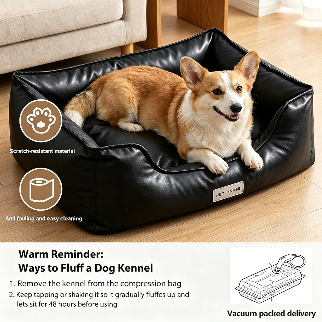 Faux Leather Dog Bed, Waterproof Cat Sofa Bed with Non-Slip Bottom