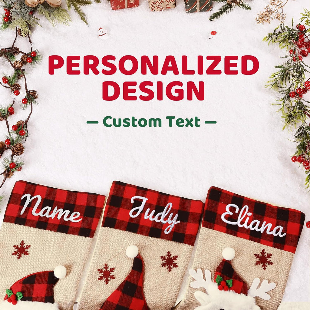 18.5'' Embroidery Christmas Stockings with Names, Burlap Plaid Stockings Xmas Decor Gifts for Family Kids Holiday