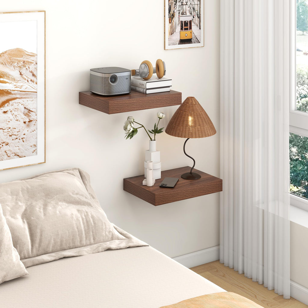 12 Inch Deep Floating Shelves, 16 Inch Walnut Wall Shelves Set of 2
