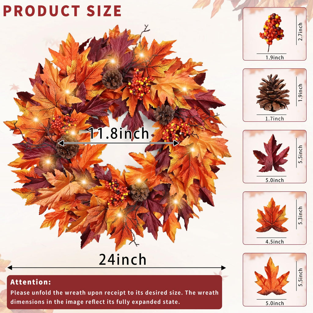 24in Fall Wreath for Front Door with 20 Lights & Timer