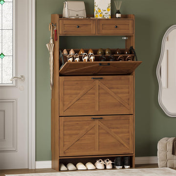 Shoe Storage Cabinet, Farmhouse Narrow Shoe Cabinet with 3 Flip Drawers & 2 Top Drawers, Adjustable Shelves & Hooks