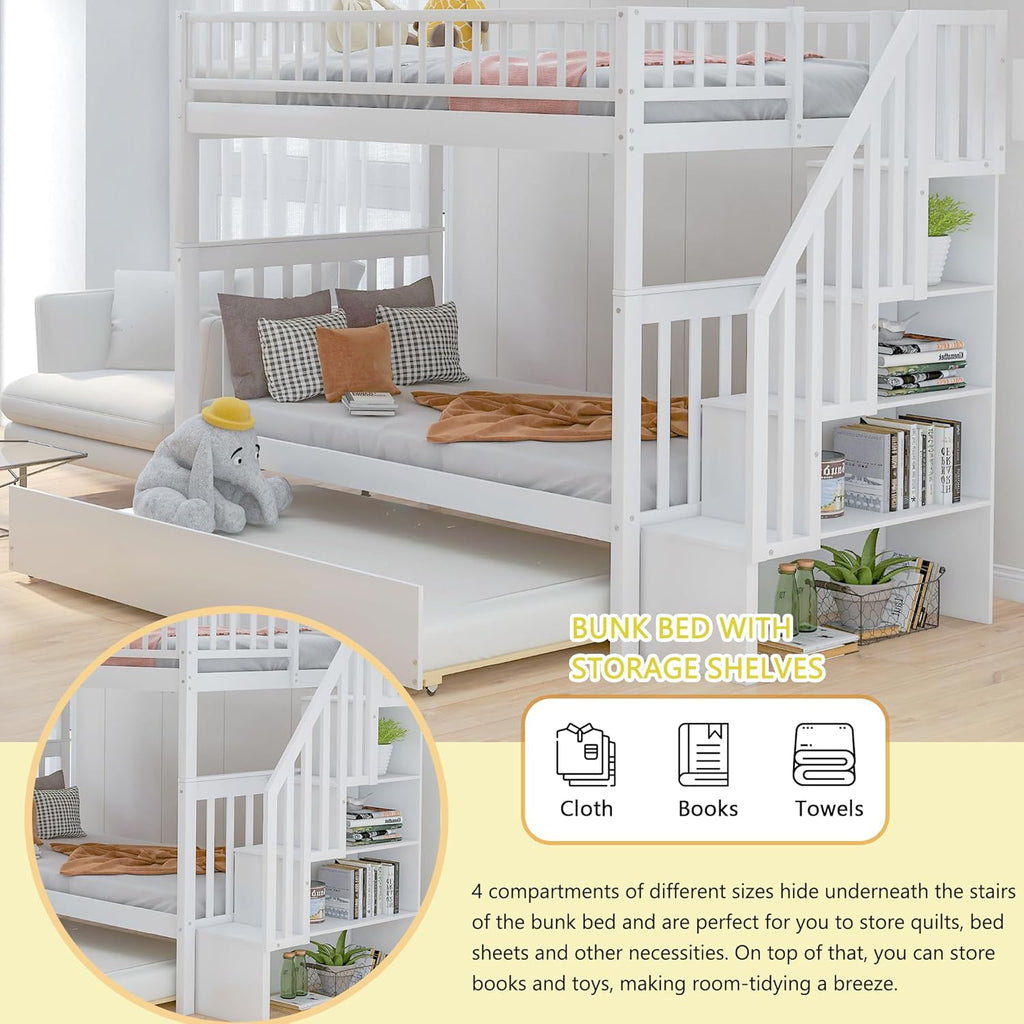 Twin Over Twin Bunk Bed with Trundle, Storage Staircase and Full Length Guardrail, Solid Wood Stairway Bunk Bed