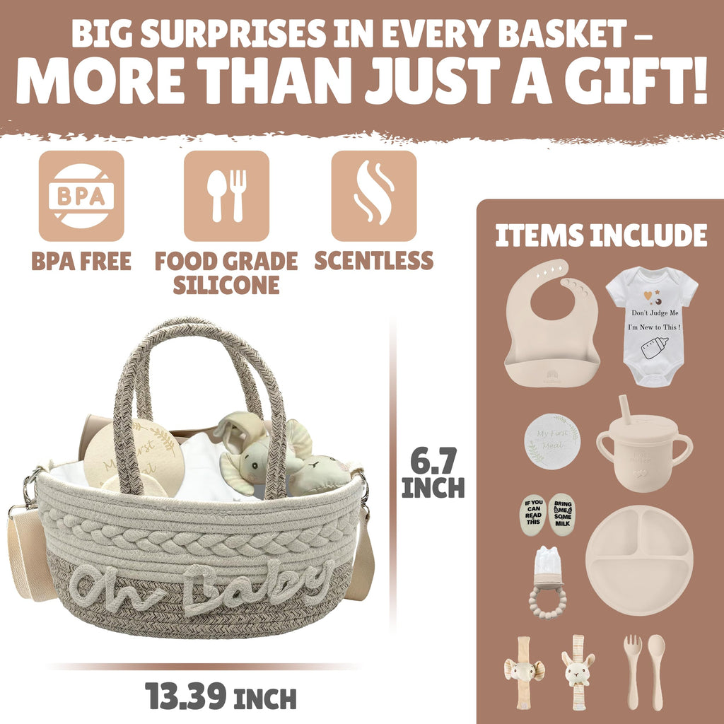 Gift Set | 11 Piece Gender Neutral Newborn Gift Basket for Boys & Girls - Baby Essentials with Plate, Bib, Spoon