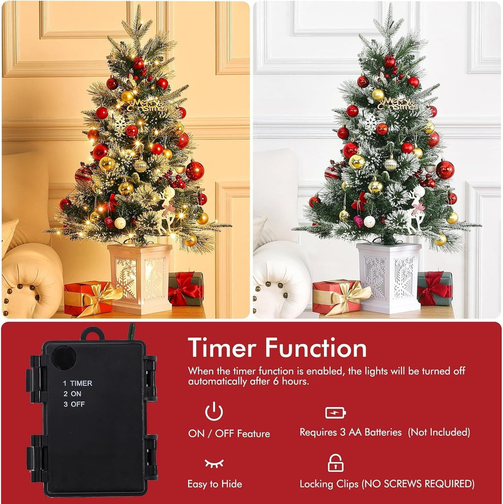 3 Ft Christmas Tree with Snowflake Base, Fiber Optic Light-Style Artificial Christmas Tree with 78 Led Lights, Red