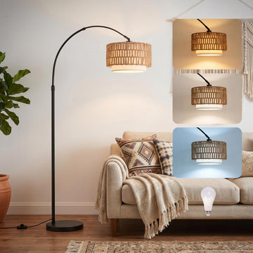 Arc Floor Lamp with 12W Bulb, 61.5"-71.5" Height Adjustable Rattan Floor Lamps with 3 Color Temps, Farmhouse Arched