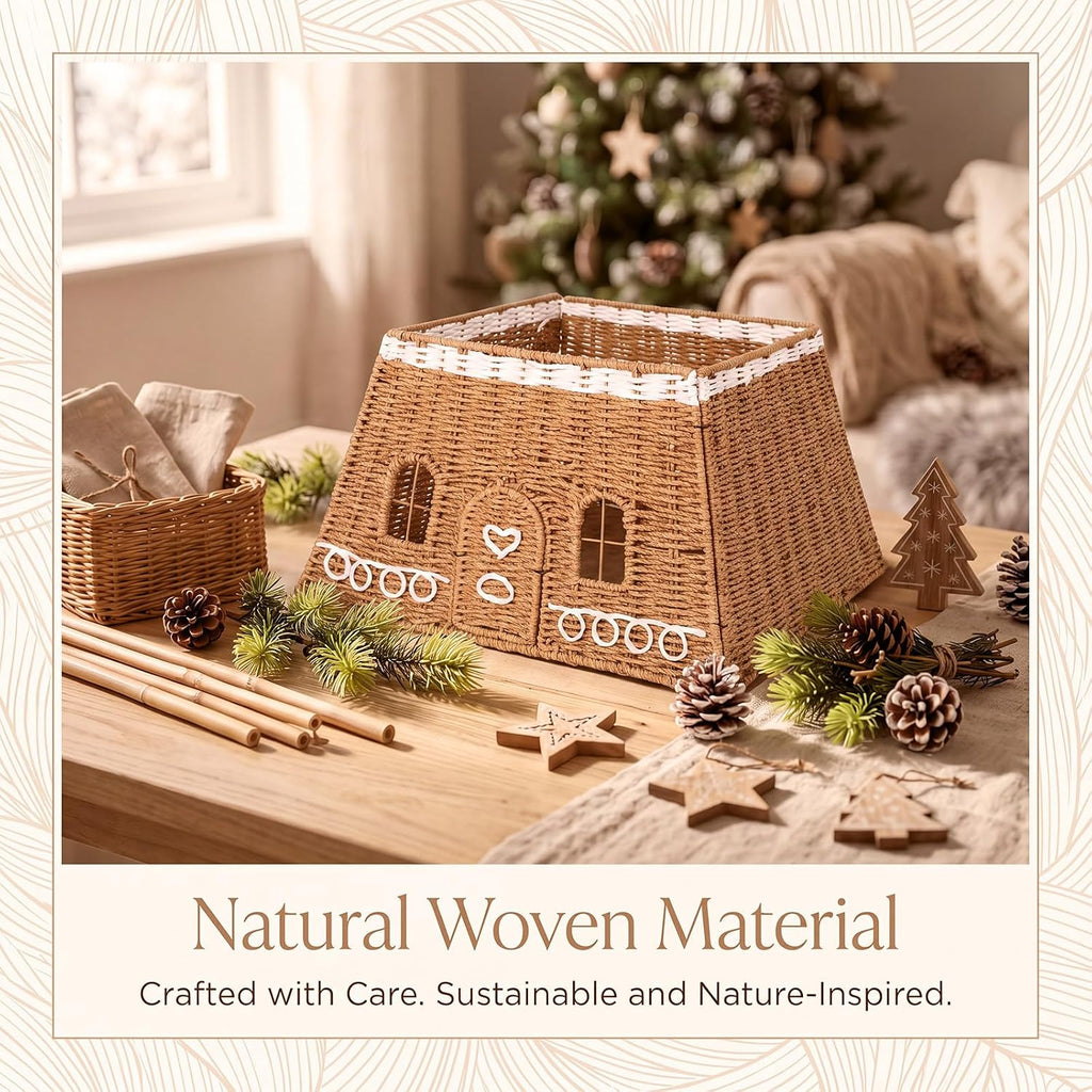 Christmas Gingerbread House Tree Collar, 17 in, Rattan, Brown