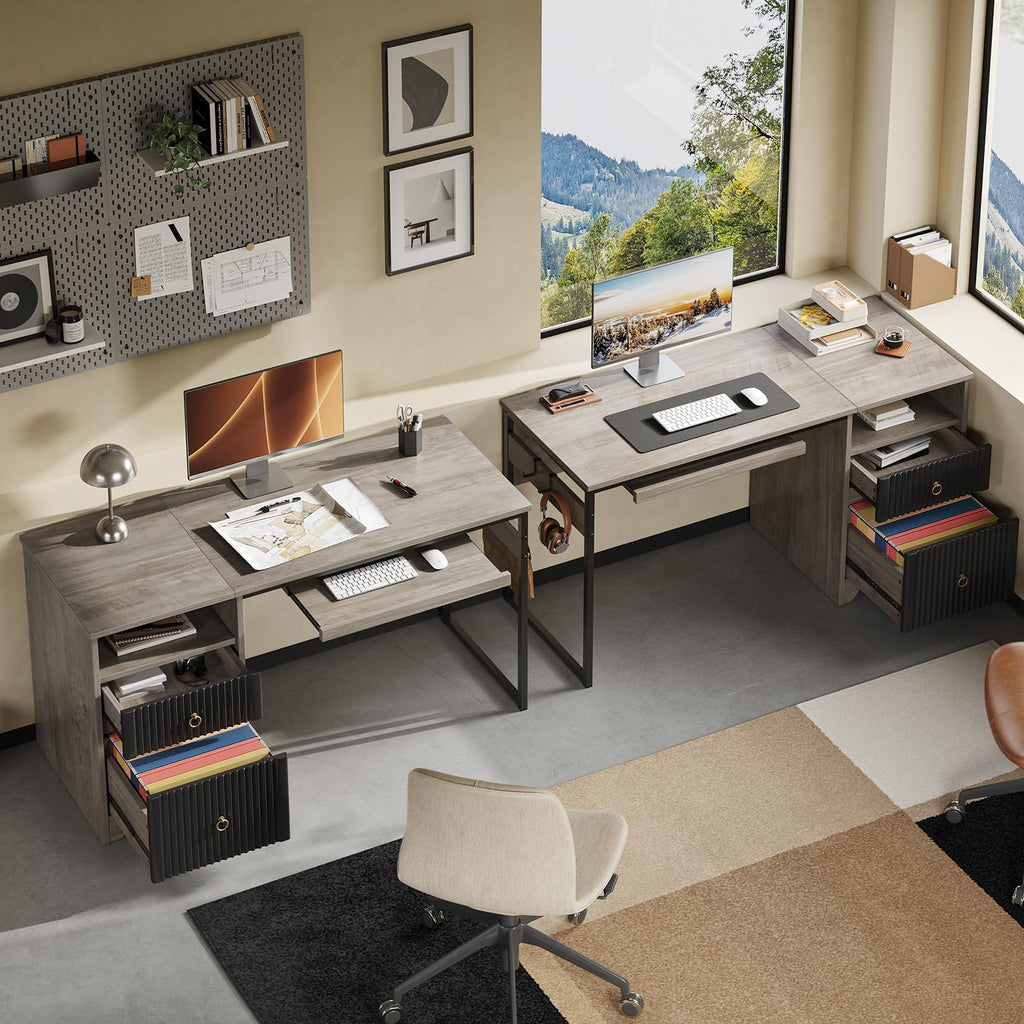 55Inch Modern Fluted Desk with Drawers & Keyboard Tray, Grey