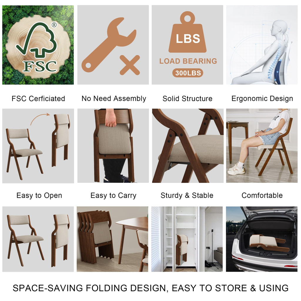Padded Folding Chairs 2 Pack, Solid Wood Frame, 18" Seat Height, Ergonomically Designed Back and Cushion, Easy Carry, No