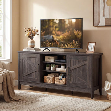 Farmhouse TV Stand for TVs up to 65 Inches, TV Console Table with Barn Doors, Storage Cabinets, Adjustable Shelves