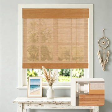 No Drill Cordless Bamboo Roman Shades with Matching Valance, Light Filtering Natural Woven Roll Up Blinds , and