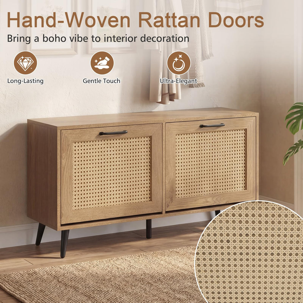 Rattan Shoe Storage Cabinet with 2 Flip Drawers, Hidden Shoe Storage Organizer with Adjustable Shelves and Metal