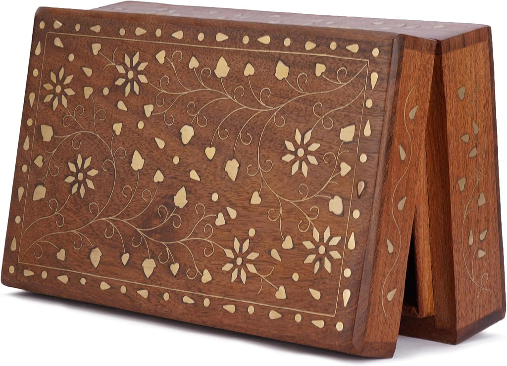 Hand Carved Wooden Decorative Jewelry Storage Box with Floral Carvings Design Brass Inlay Keepsake Travel Treasure