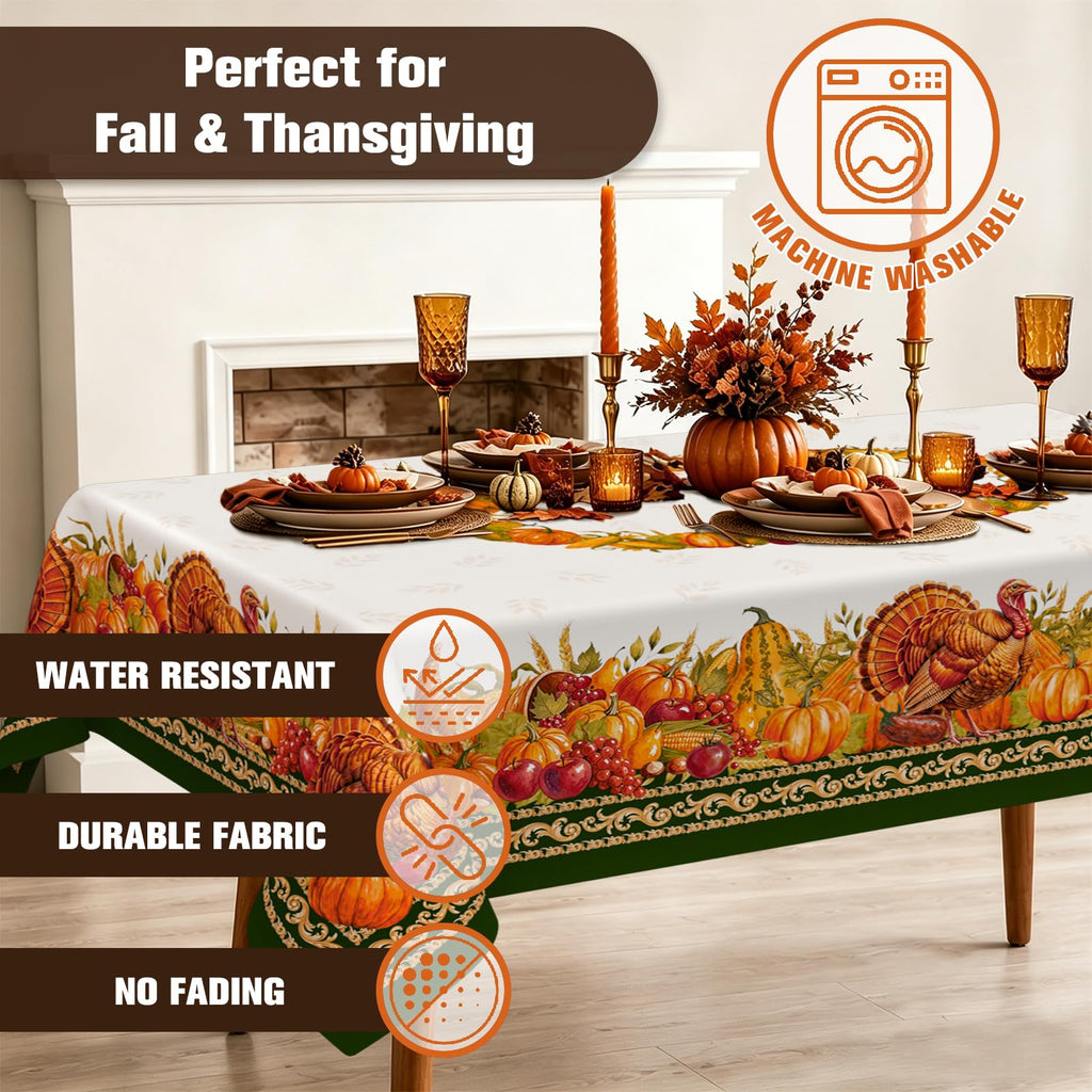 Rectangle Fall Tablecloth 60x120 Inch, Thanksgiving Autumn Harves Turkey Pumpkin Table Cloth, Waterproof Wrinkle