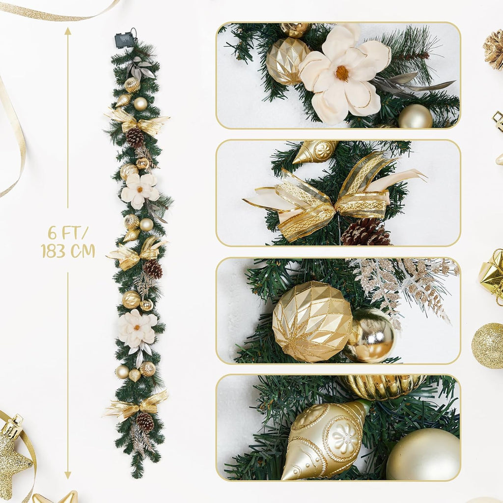 6 Ft Lighted Christmas Garland, Pine Christmas Garland with Gold Accents & Pinecone, 20 Led Lights Christmas
