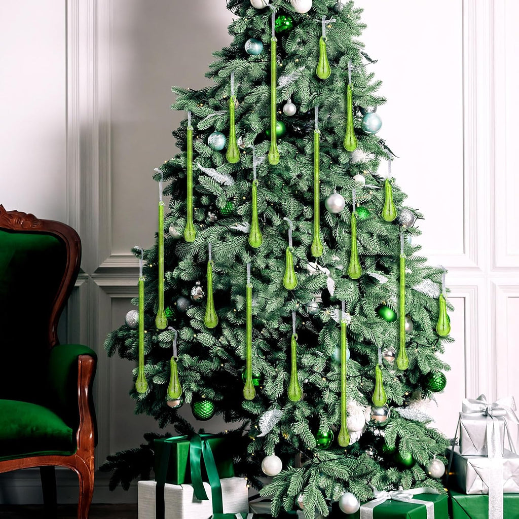 12 Pcs Mercury Glass Teardrop Icicle Christmas Ornaments, Green