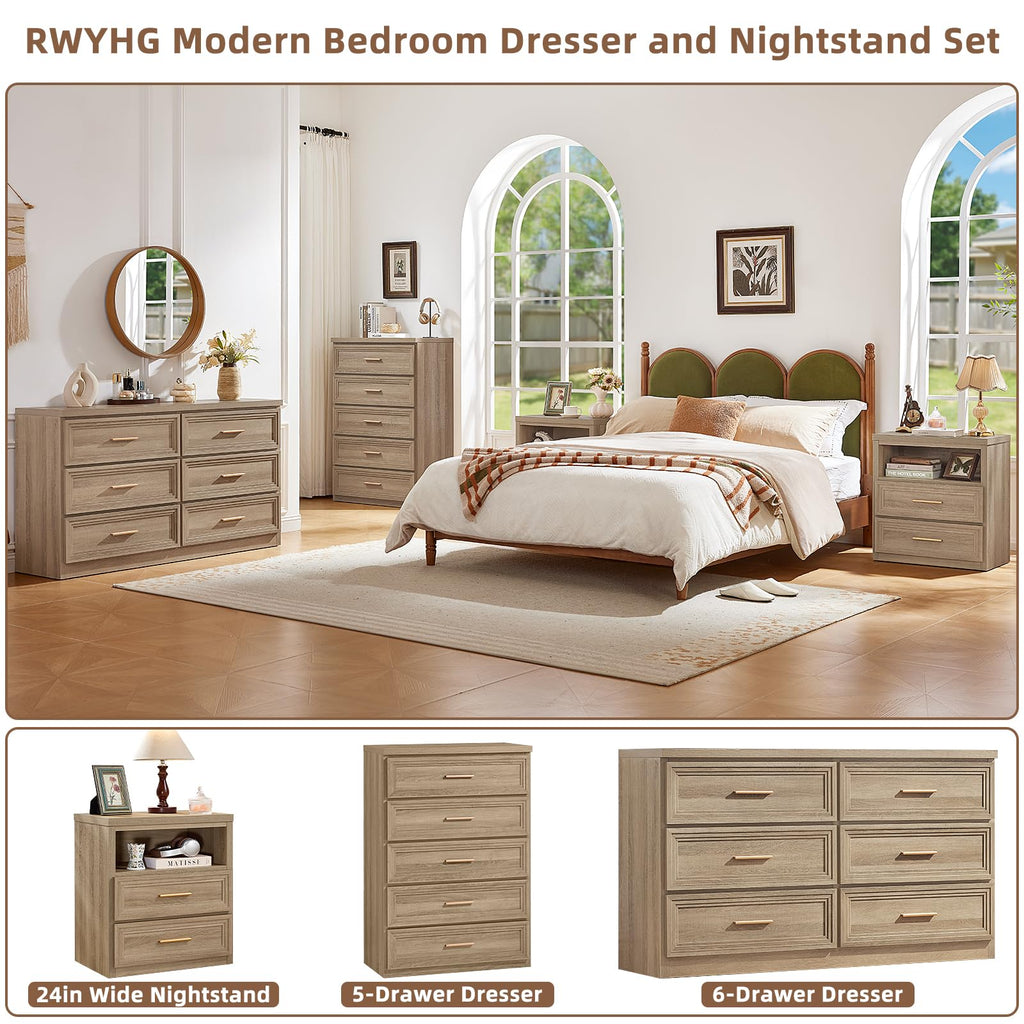55.1" Wide Farmhouse 6 Drawers Dresser, Oak
