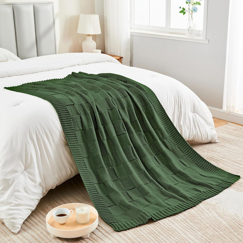 Christmas Green Knitted Checkered Throw Blanket 50"X60"