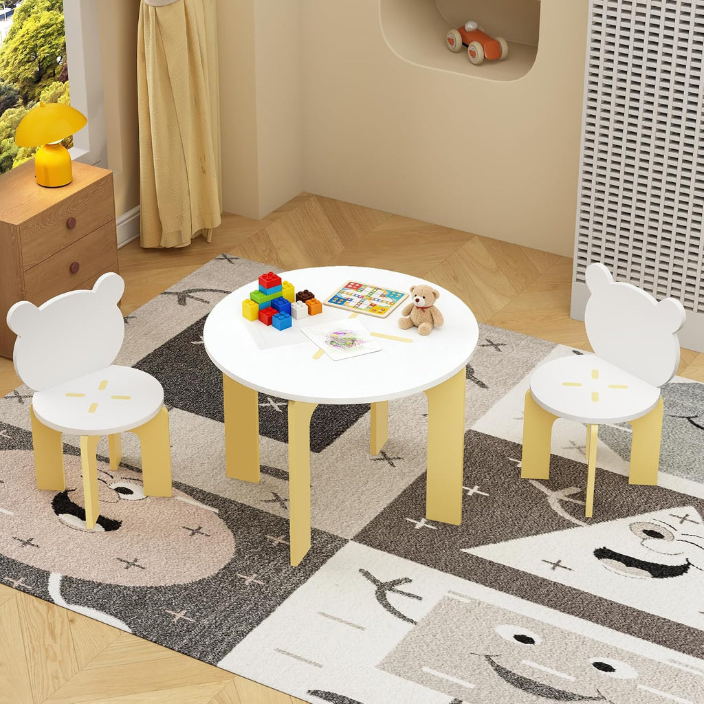 Piece Kids Table and Chair Set, Modern Wooden Toddler Table and 2 Cute Bear-Back Chairs, Round Activity Table Set