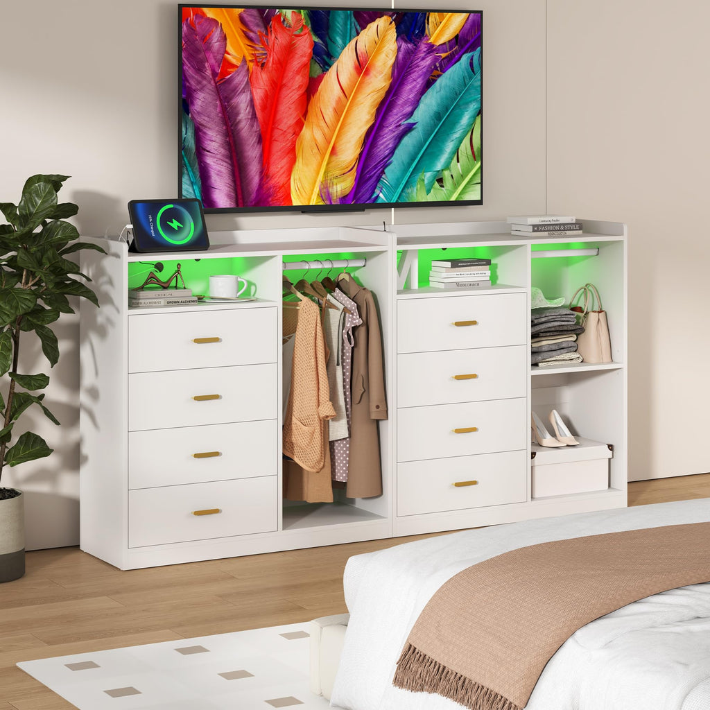 Dresser with Clothes Rack Wood, 4 Drawer Dresser White with LED Lights and Power Outlet, 15.7" D x 43.3" W x 45.7" H
